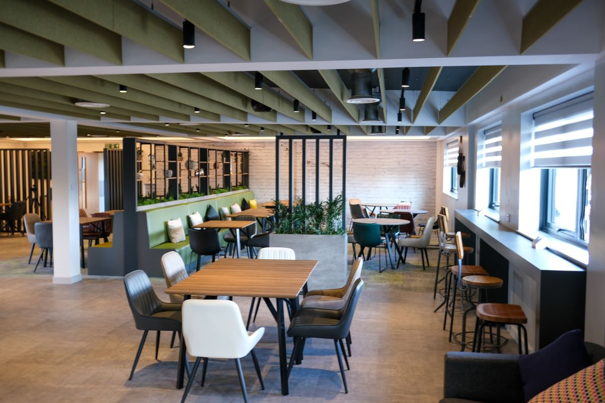 A modern café interior featuring a variety of wooden tables and chairs, with a mix of colors and styles. Green ceiling panels and plants add a touch of nature, and large windows allow natural light to fill the space.
